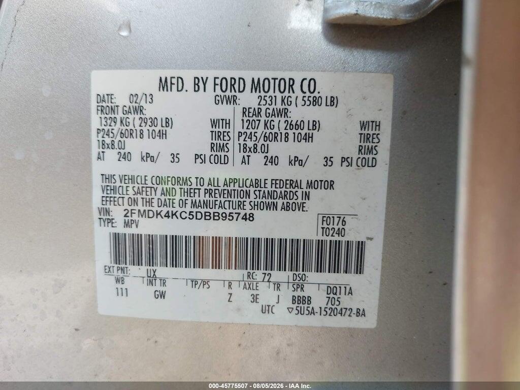 2FMDK4KC5DBB95748 2013 FORD EDGE photo no. 9