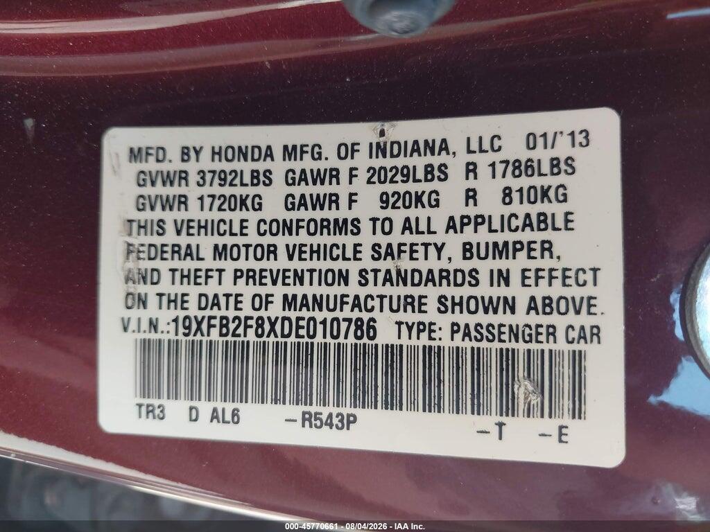 19XFB2F8XDE010786 2013 HONDA CIVIC photo no. 9