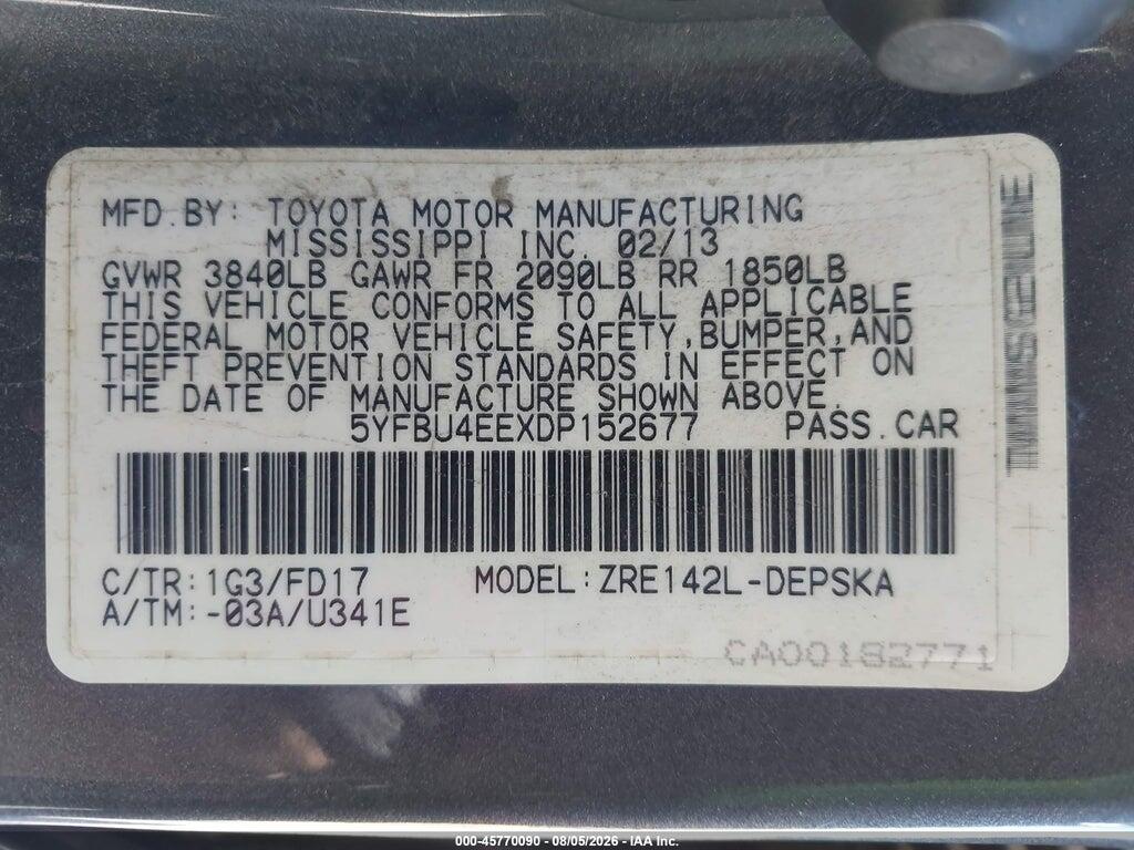 5YFBU4EEXDP152677 2013 TOYOTA COROLLA photo no. 9