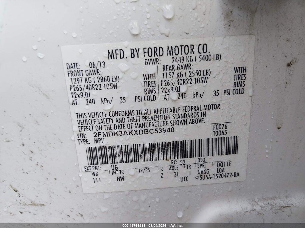 2FMDK3AKXDBC53940 2013 FORD EDGE photo no. 9
