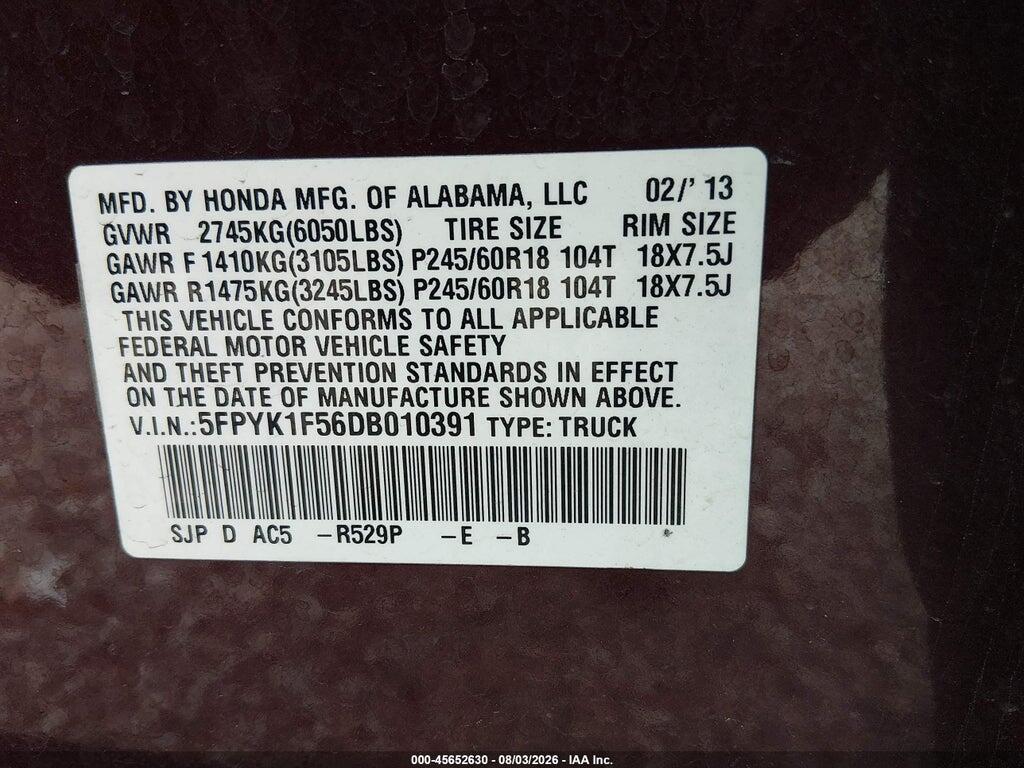 5FPYK1F56DB010391 2013 HONDA RIDGELINE photo no. 9