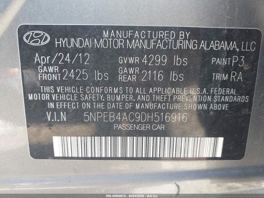 5NPEB4AC9DH516916 2013 HYUNDAI SONATA photo no. 9