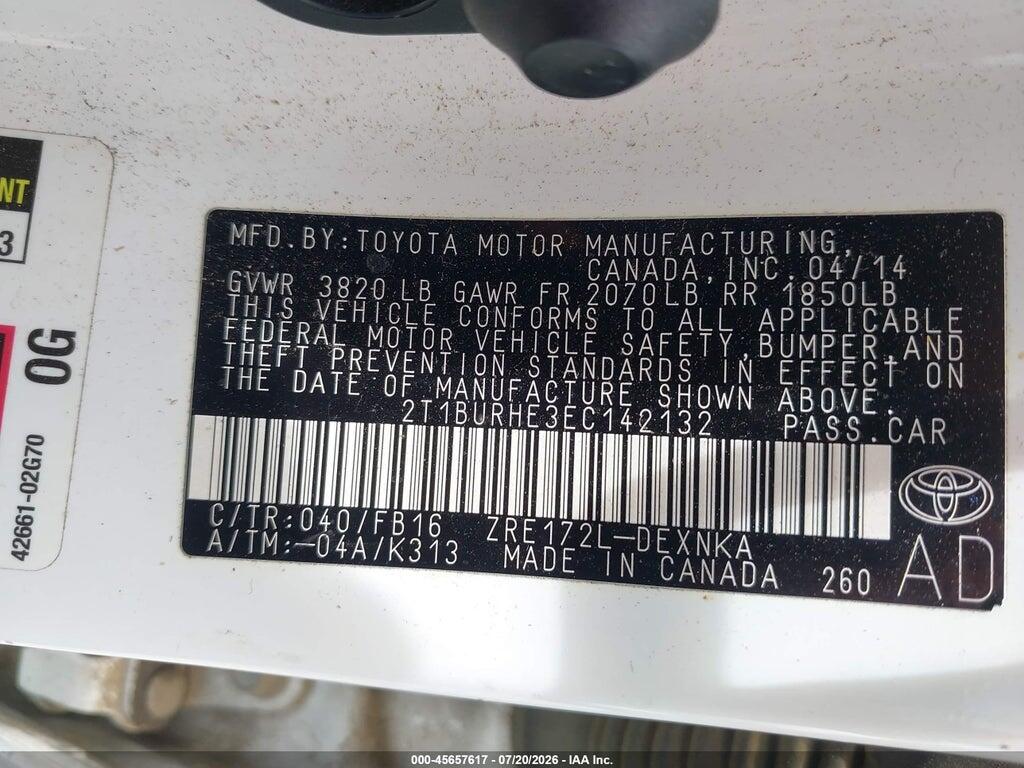 2T1BURHE3EC142132 2014 TOYOTA COROLLA photo no. 9