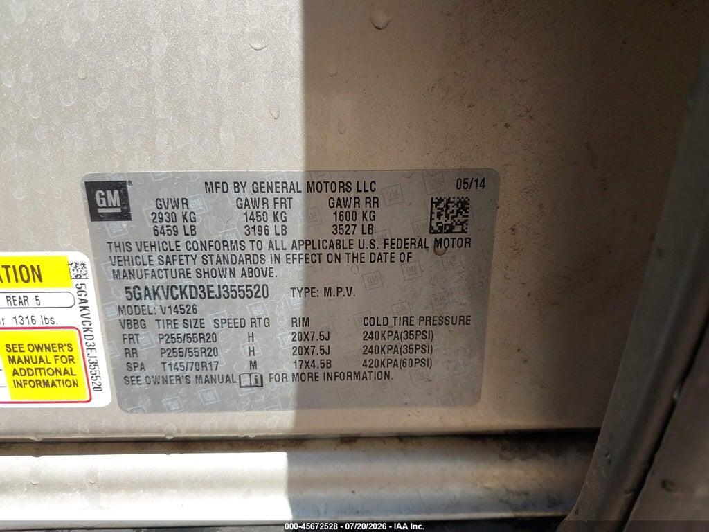 5GAKVCKD3EJ355520 2014 BUICK ENCLAVE photo no. 9
