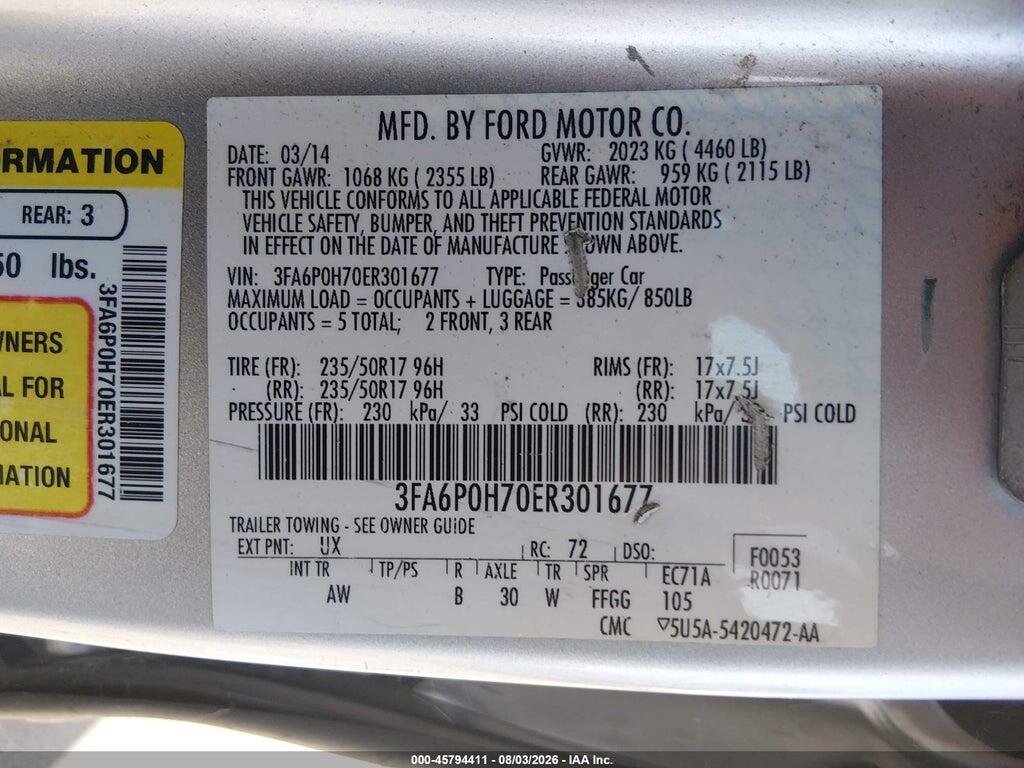 3FA6P0H70ER301677 2014 FORD FUSION photo no. 9
