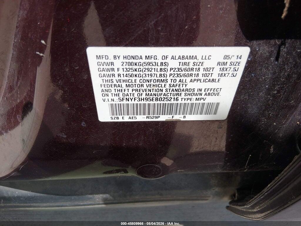 5FNYF3H95EB025216 2014 HONDA PILOT photo no. 9