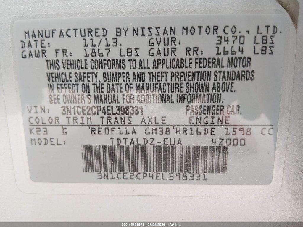 3N1CE2CP4EL398331 2014 NISSAN VERSA NOTE photo no. 9