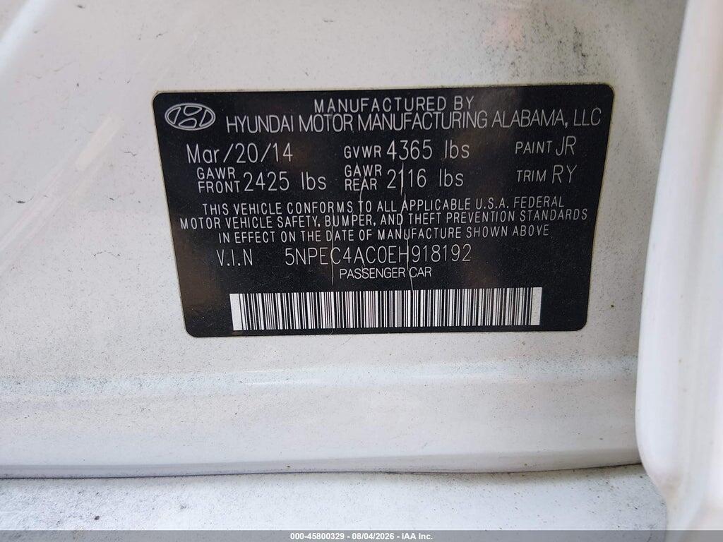 5NPEC4AC0EH918192 2014 HYUNDAI SONATA photo no. 9