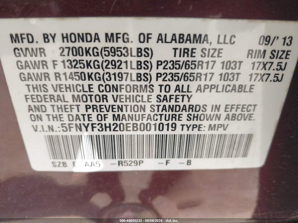 5FNYF3H20EB001019 2014 HONDA PILOT photo no. 9
