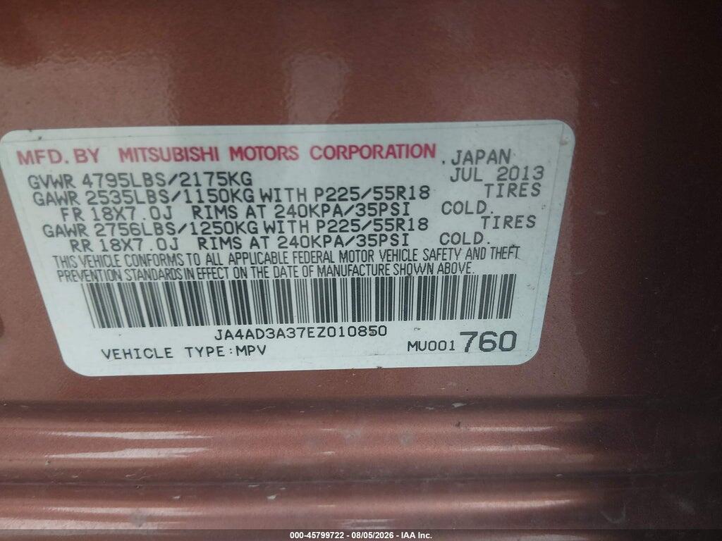 JA4AD3A37EZ010850 2014 MITSUBISHI OUTLANDER photo no. 9