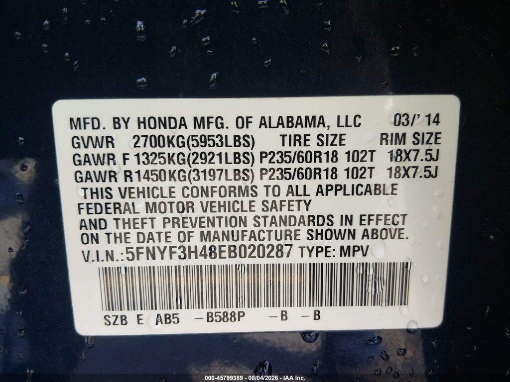 5FNYF3H48EB020287 2014 HONDA PILOT photo no. 9