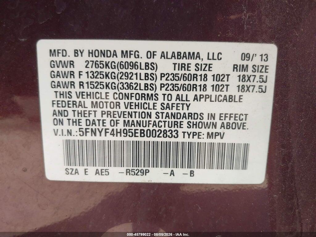 5FNYF4H95EB002833 2014 HONDA PILOT photo no. 9