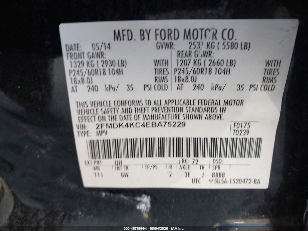 2FMDK4KC4EBA75229 2014 FORD EDGE photo no. 9