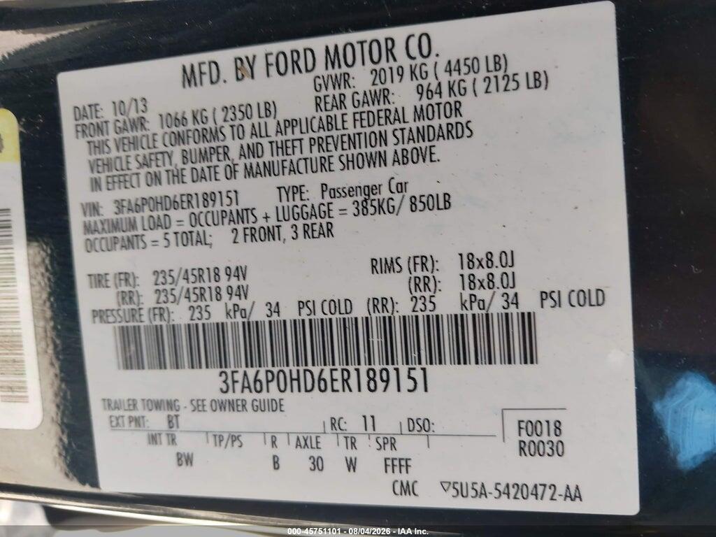 3FA6P0HD6ER189151 2014 FORD FUSION photo no. 9