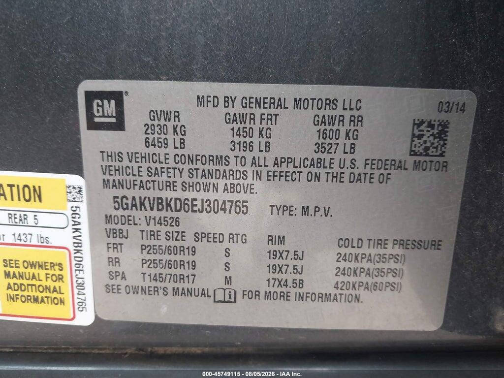 5GAKVBKD6EJ304765 2014 BUICK ENCLAVE photo no. 9