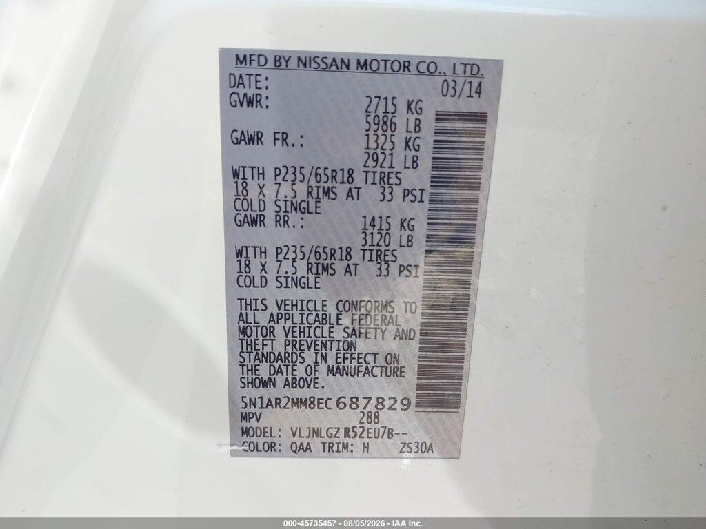 5N1AR2MM8EC687829 2014 NISSAN PATHFINDER photo no. 9