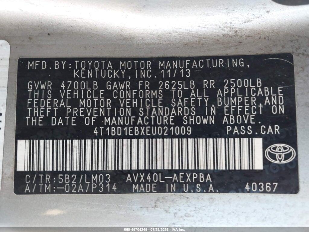 4T1BD1EBXEU021009 2014 TOYOTA AVALON HYBRID photo no. 9