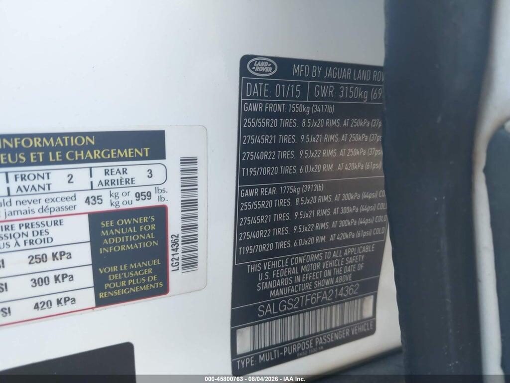 SALGS2TF6FA214362 2015 LAND ROVER RANGE ROVER photo no. 9