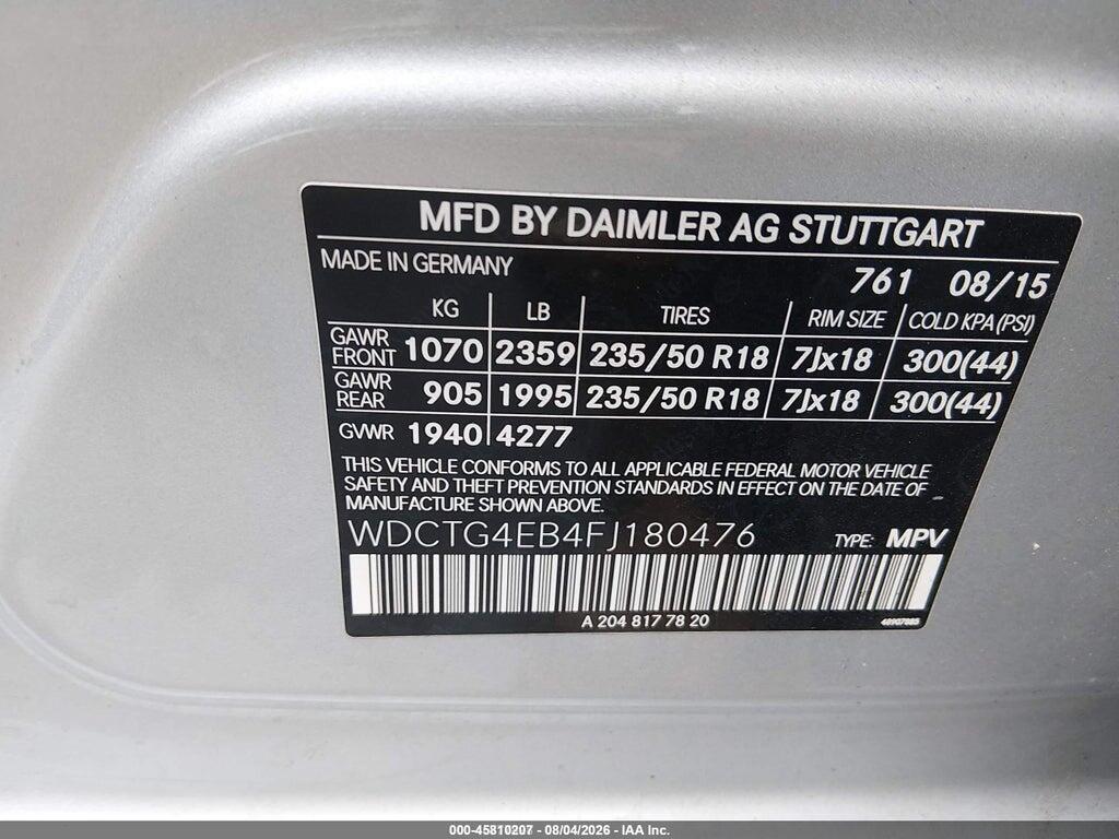 WDCTG4EB4FJ180476 2015 MERCEDES-BENZ GLA 250 photo no. 9