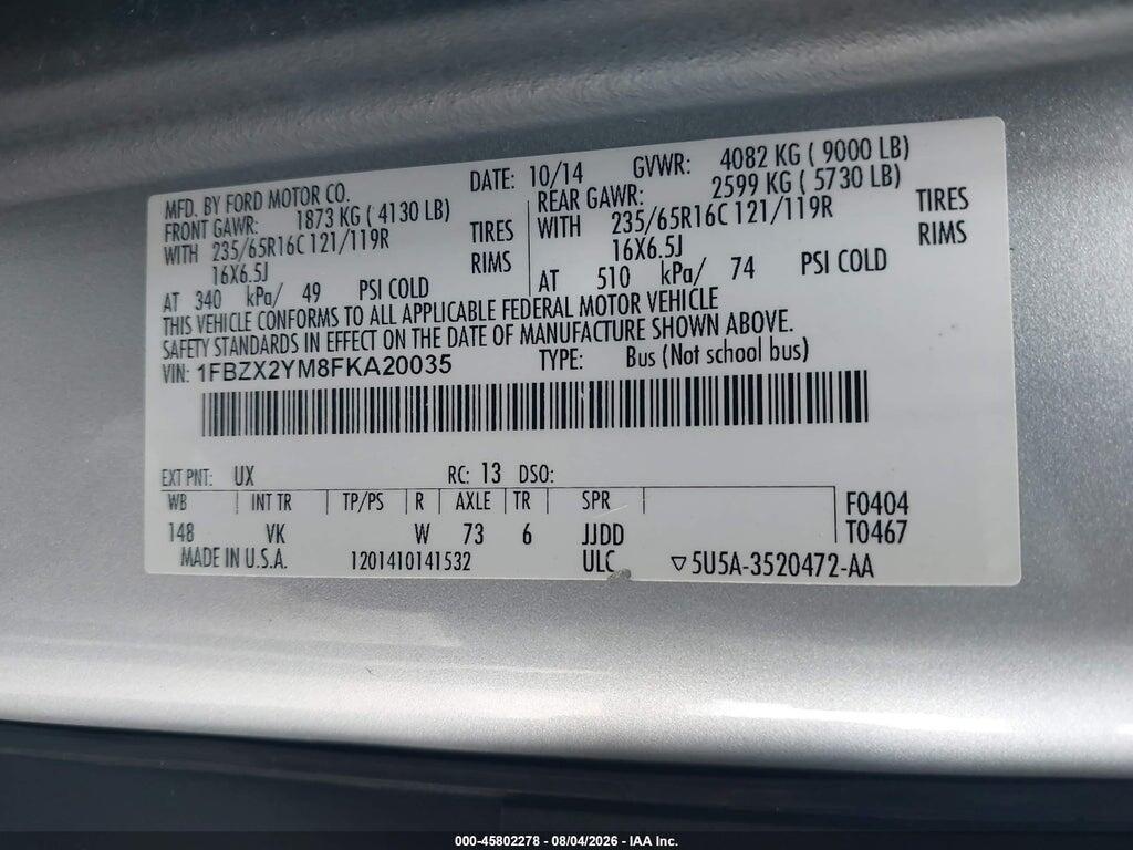 1FBZX2YM8FKA20035 2015 FORD TRANSIT-350 photo no. 9