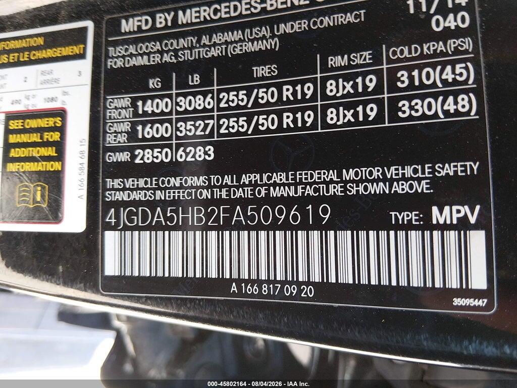 4JGDA5HB2FA509619 2015 MERCEDES-BENZ ML 350 photo no. 9