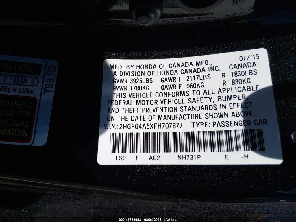 2HGFG4A5XFH707877 2015 HONDA CIVIC photo no. 9