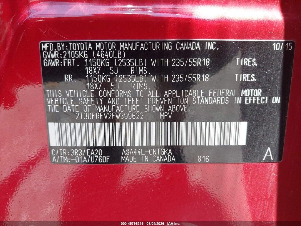 2T3DFREV2FW399622 2015 TOYOTA RAV4 photo no. 9