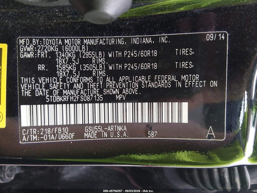 5TDBKRFH2FS087135 2015 TOYOTA HIGHLANDER photo no. 9
