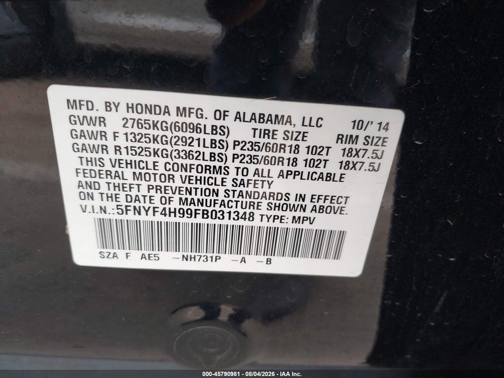 5FNYF4H99FB031348 2015 HONDA PILOT photo no. 9