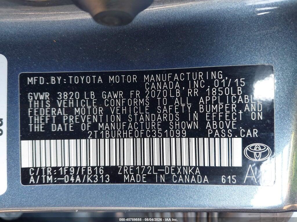 2T1BURHE0FC351099 2015 TOYOTA COROLLA photo no. 9