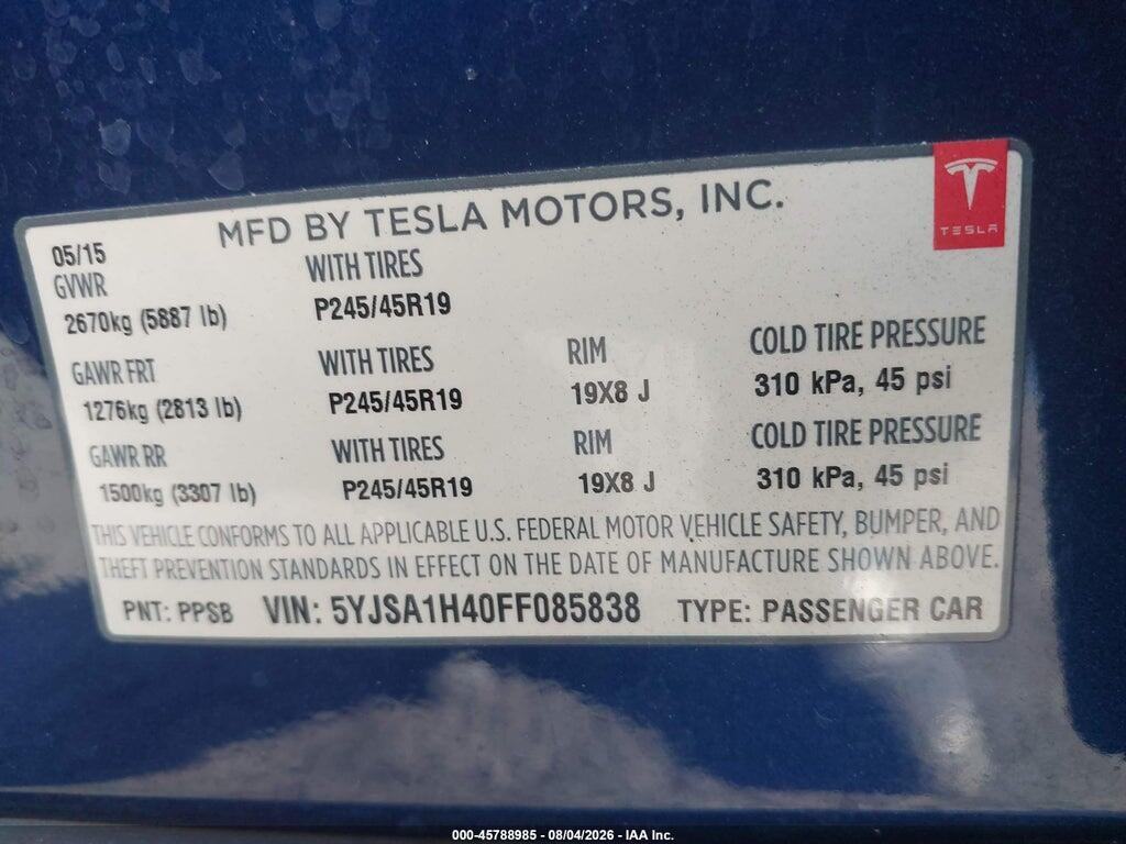 5YJSA1H40FF085838 2015 TESLA MODEL S photo no. 9