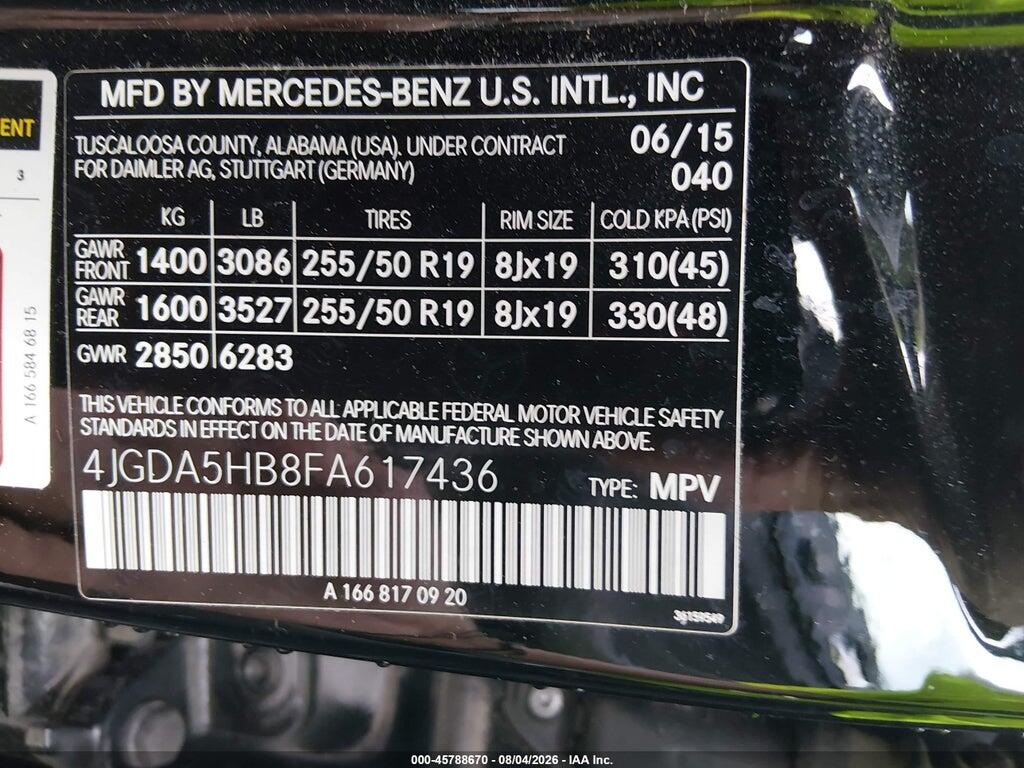 4JGDA5HB8FA617436 2015 MERCEDES-BENZ ML 350 photo no. 9