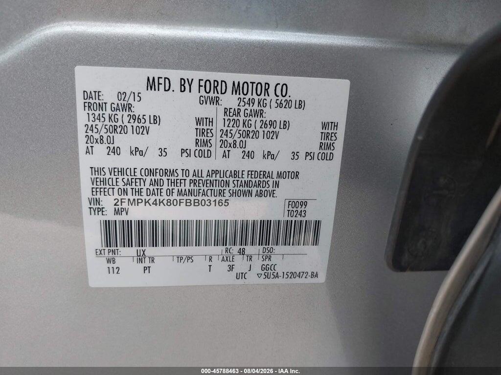 2FMPK4K80FBB03165 2015 FORD EDGE photo no. 9