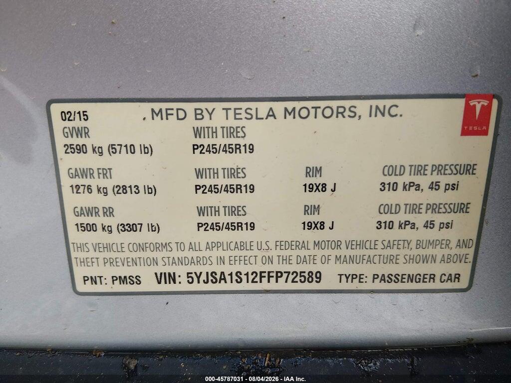 5YJSA1S12FFP72589 2015 TESLA MODEL S photo no. 9