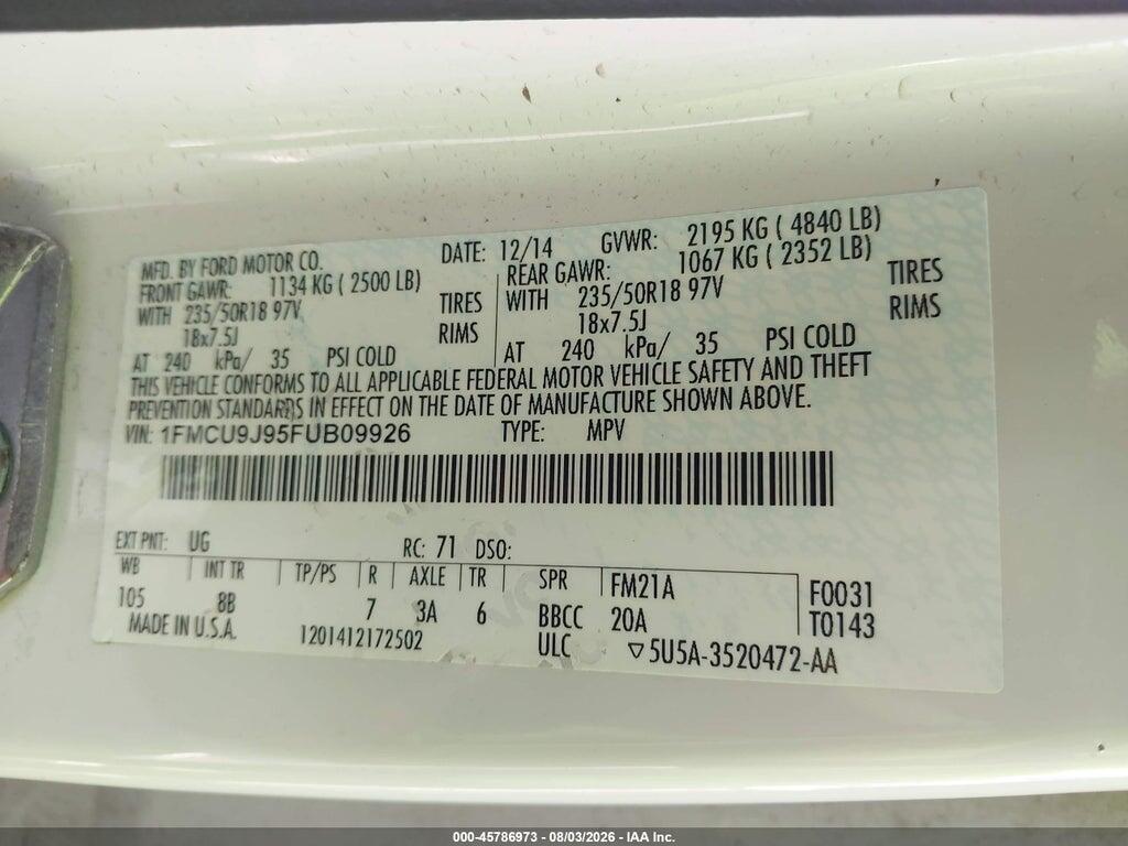 1FMCU9J95FUB09926 2015 FORD ESCAPE photo no. 9