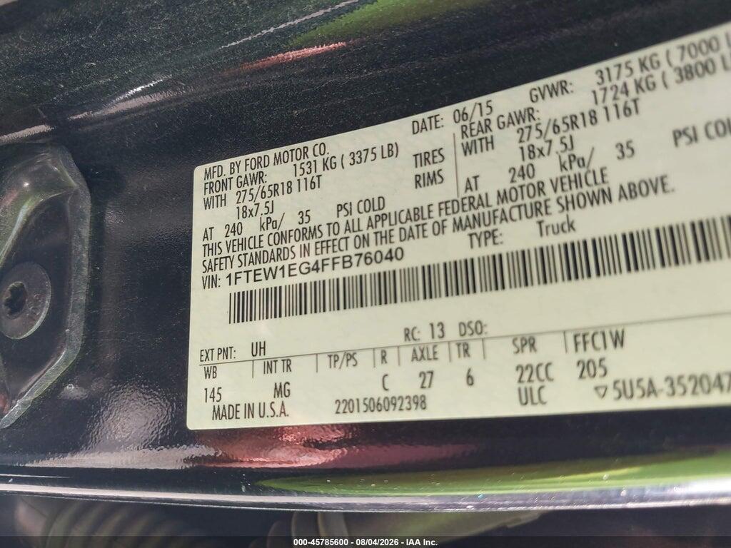 1FTFW1E84FFL76040 2015 FORD F150 photo no. 9