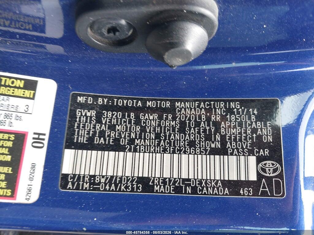 2T1BURHE3FC296857 2015 TOYOTA COROLLA photo no. 9