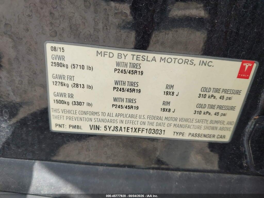 5YJSA1E1XFF103031 2015 TESLA MODEL S photo no. 9