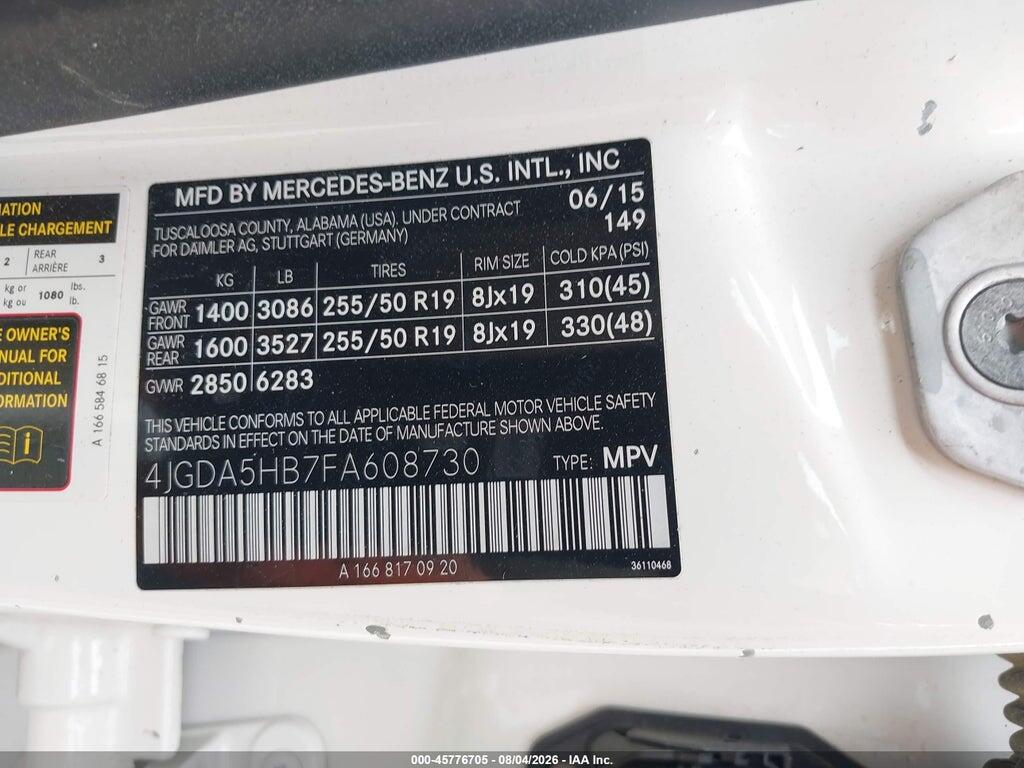 4JGDA5HB7FA608730 2015 MERCEDES-BENZ ML 350 photo no. 9