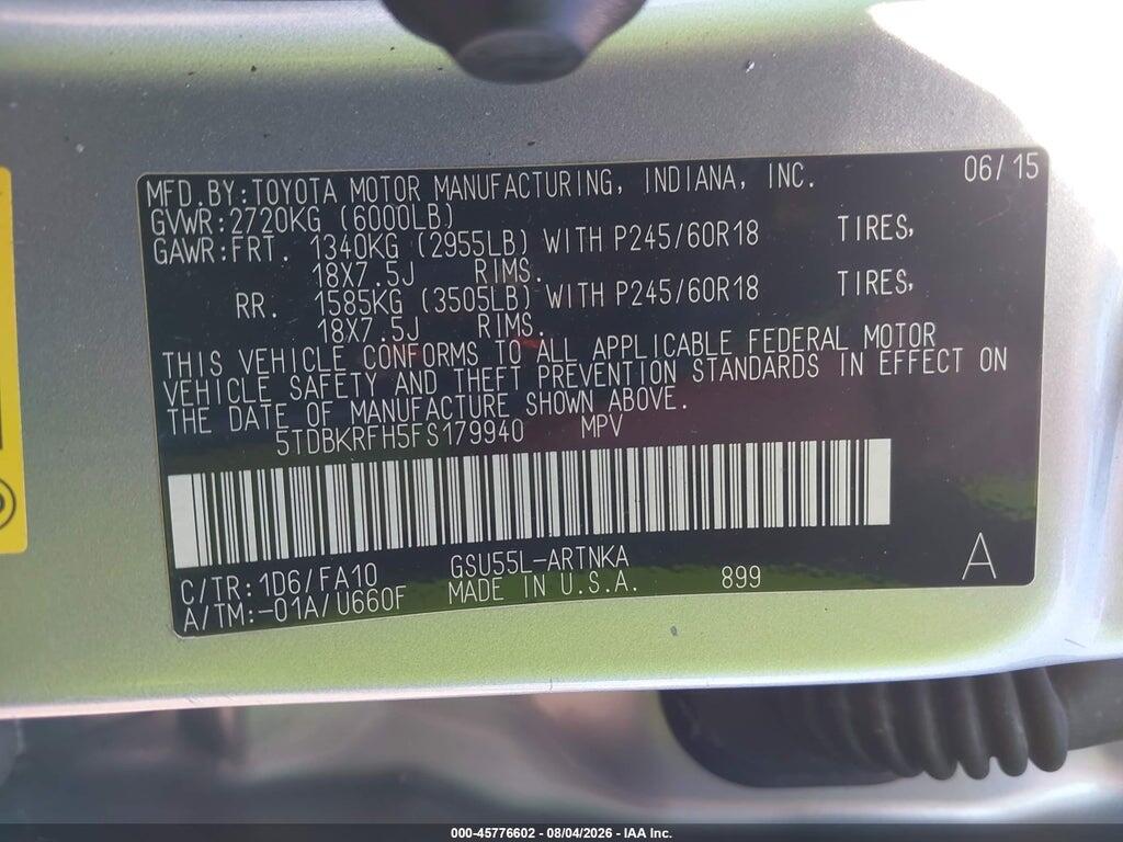 5TDBKRFH5FS179940 2015 TOYOTA HIGHLANDER photo no. 9