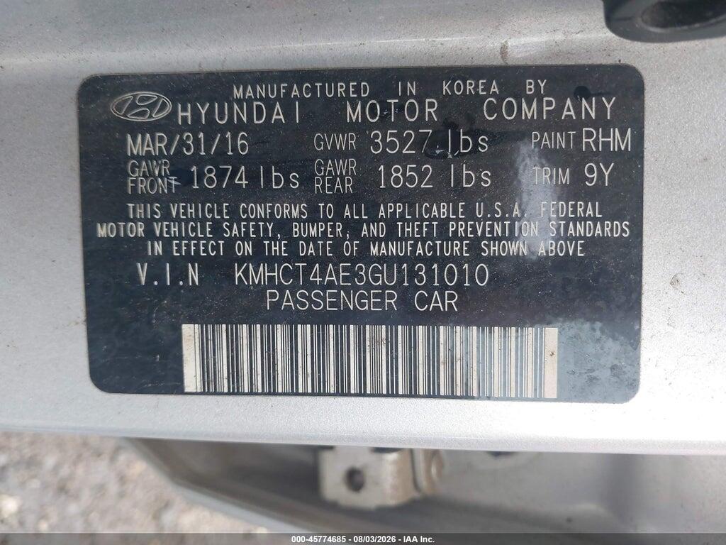 KMHCT4AE3GU131010 2016 HYUNDAI ACCENT photo no. 9