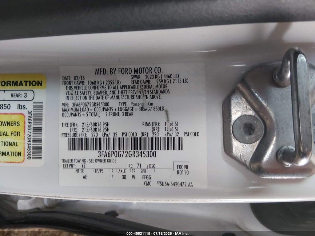 3FA6P0G72GR345300 2016 FORD FUSION photo no. 9