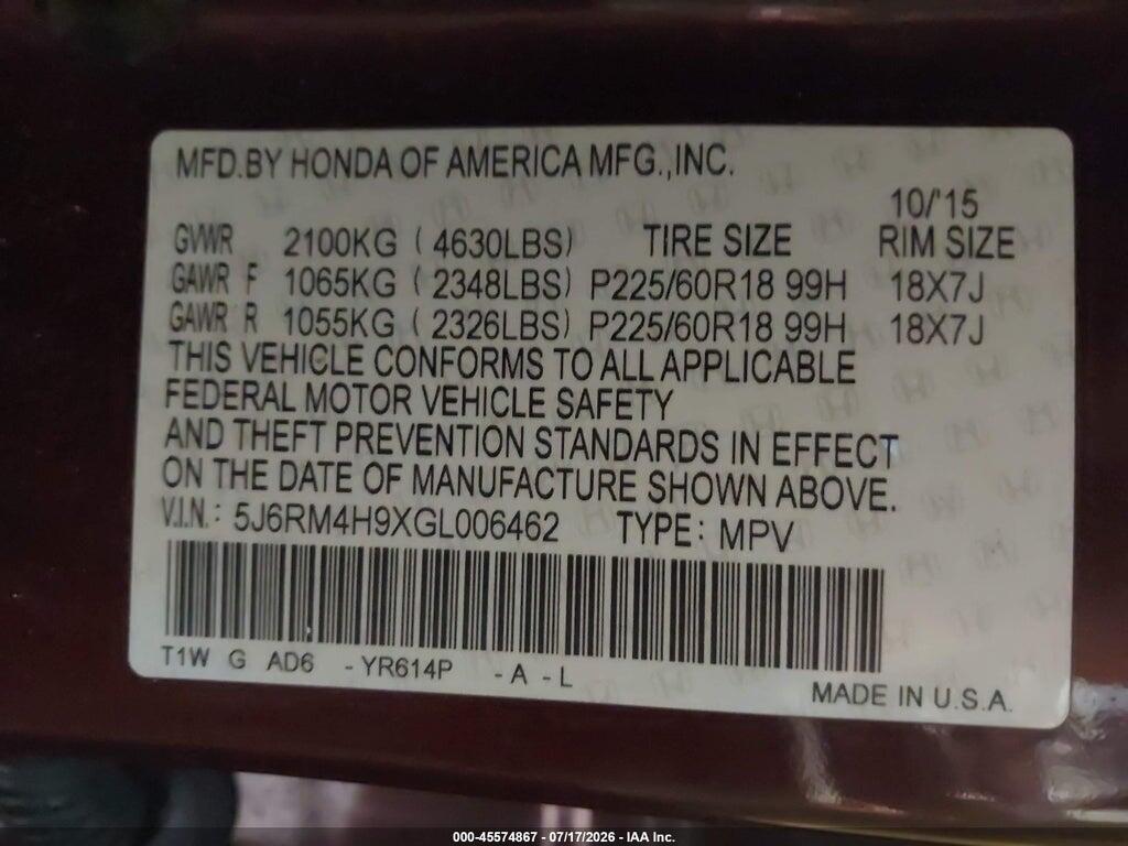 5J6RM4H9XGL006462 2016 HONDA CR-V photo no. 9