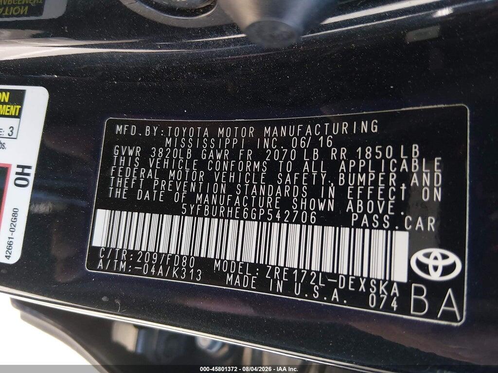 5YFBURHE6GP542706 2016 TOYOTA COROLLA photo no. 9