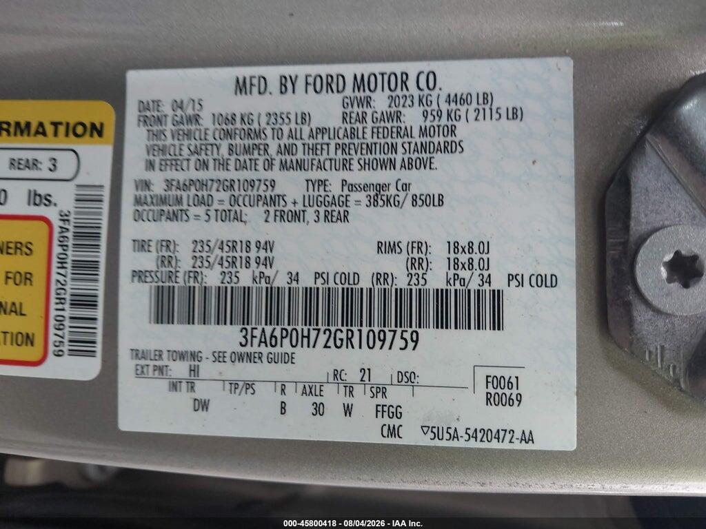 3FA6P0H72GR109759 2016 FORD FUSION photo no. 9