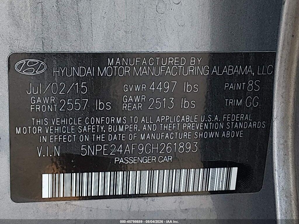 5NPE24AF9GH261893 2016 HYUNDAI SONATA photo no. 9