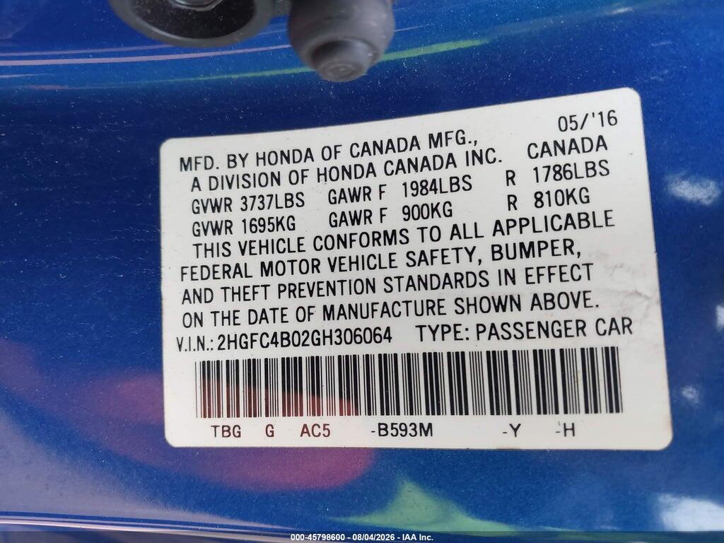 2HGFC4B02GH306064 2016 HONDA CIVIC photo no. 9