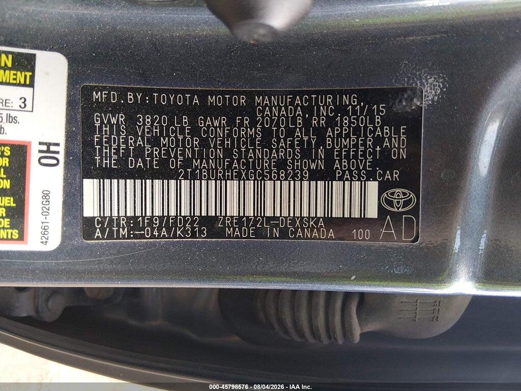 2T1BURHEXGC568239 2016 TOYOTA COROLLA photo no. 9