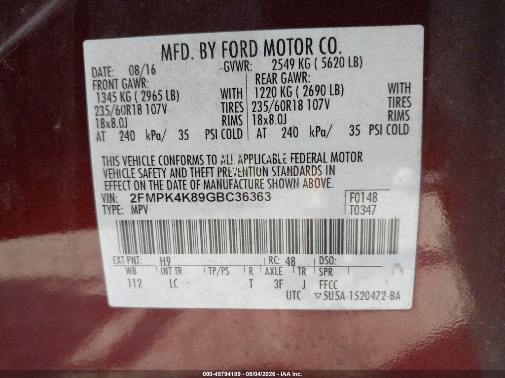 2FMPK4K89GBC36363 2016 FORD EDGE photo no. 9