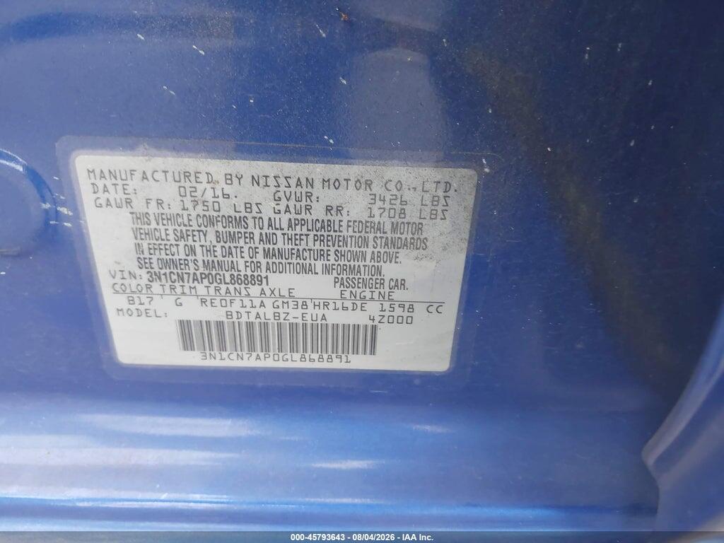 3N1CN7AP0GL868891 2016 NISSAN VERSA photo no. 9